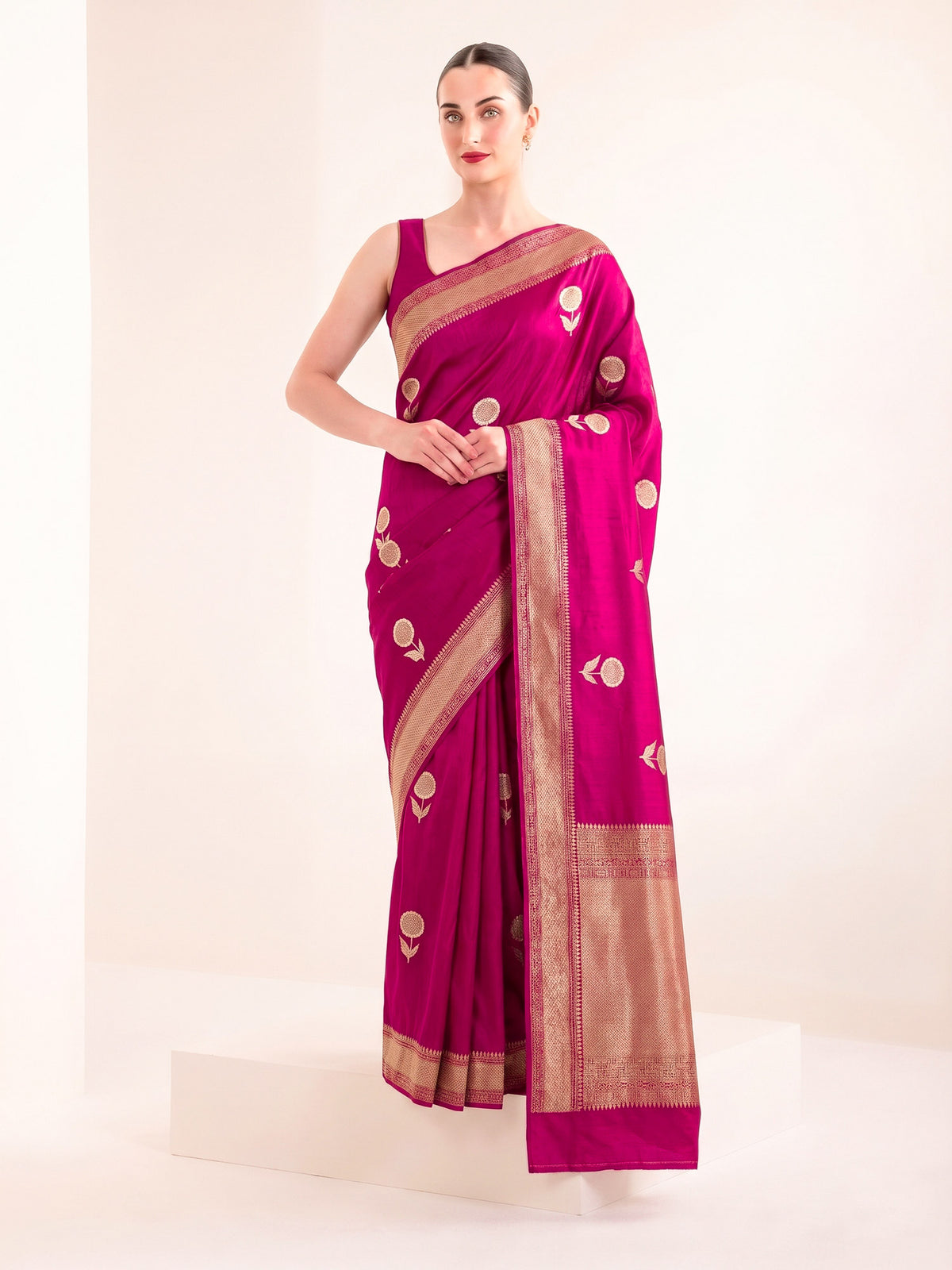 Dark Pink Sona Roopa Boota Satin Silk Handloom Banarasi Saree - Sacred Weaves