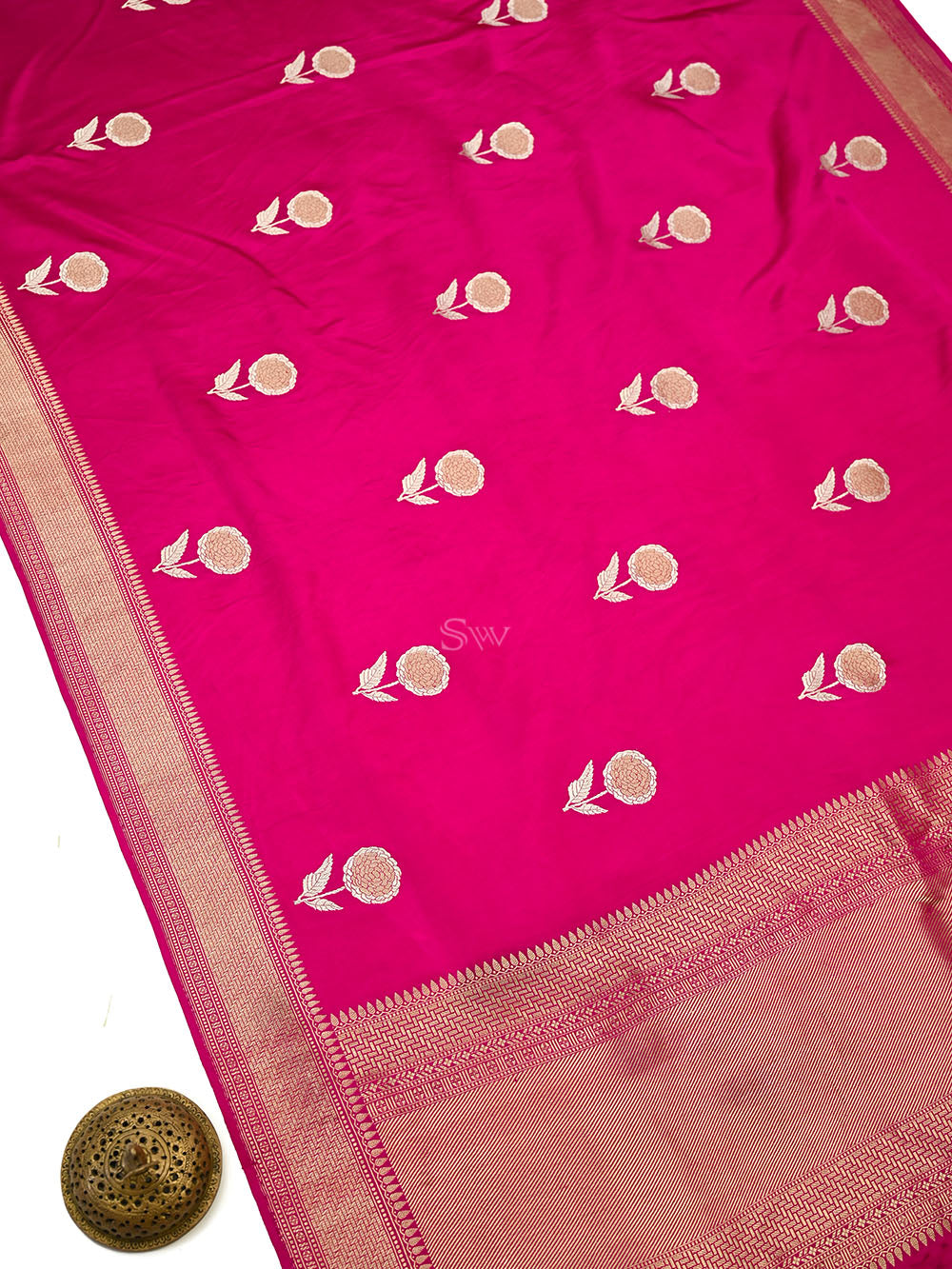 Dark Pink Sona Roopa Boota Satin Silk Handloom Banarasi Saree - Sacred Weaves