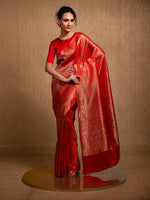 Red Satin Brocade Handloom Banarasi Saree - Sacred Weaves