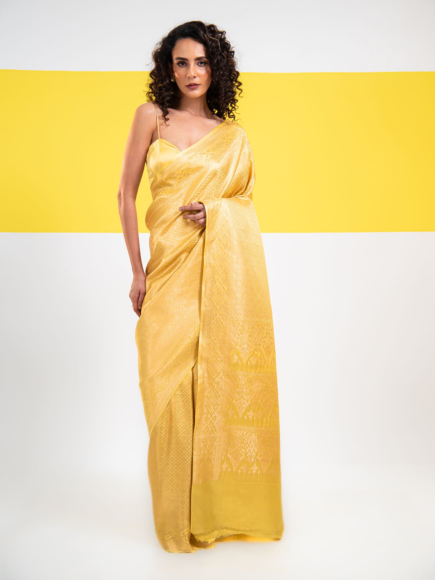 Yellow Green Satin Brocade Handloom Banarasi Saree - Sacred Weaves