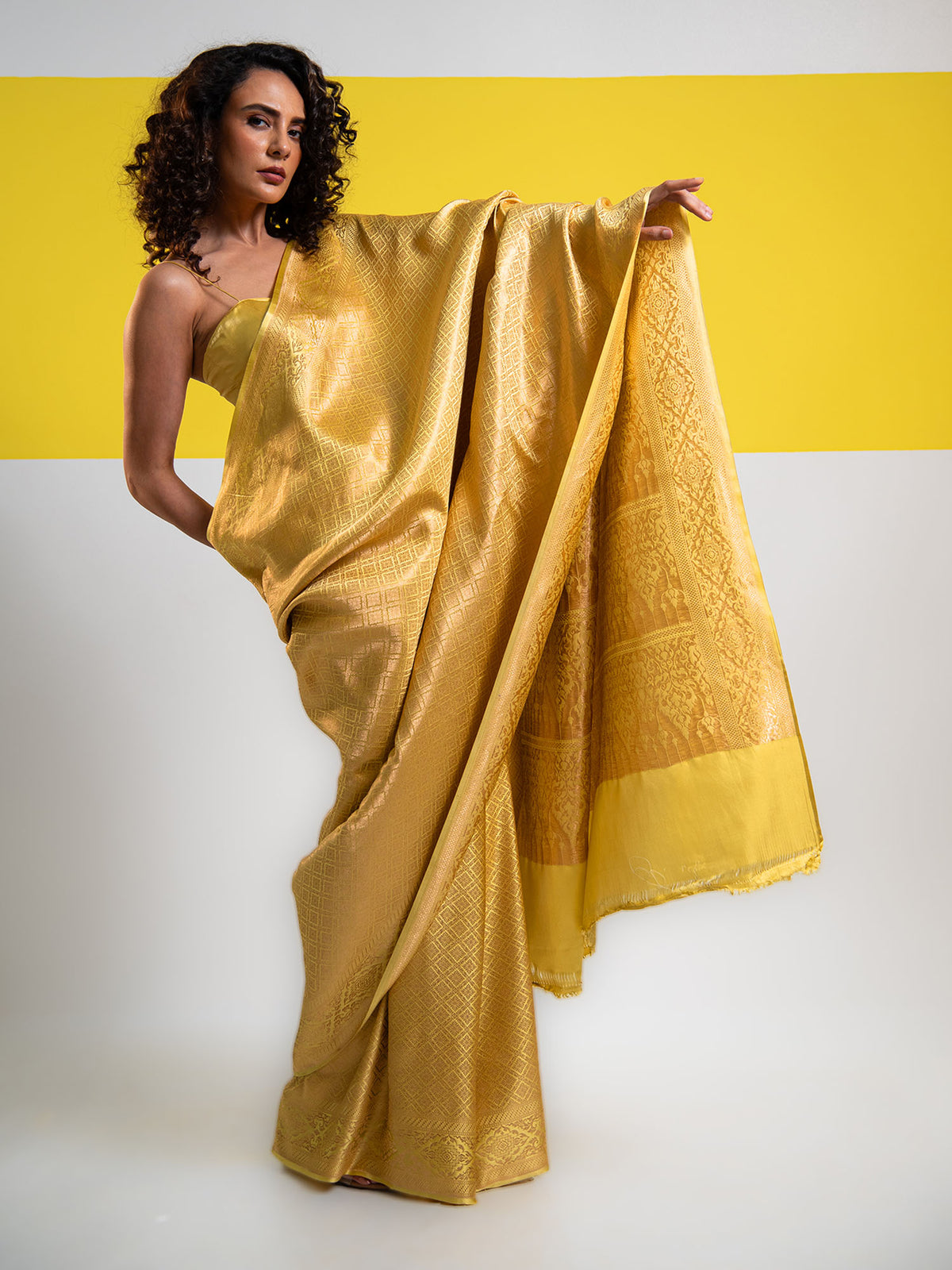 Yellow Green Satin Brocade Handloom Banarasi Saree - Sacred Weaves