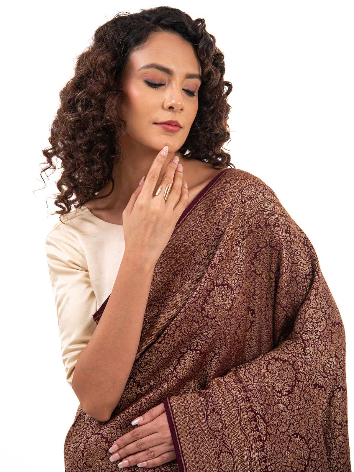Brown Jaal Crepe Silk Handloom Banarasi Saree - Sacred Weaves