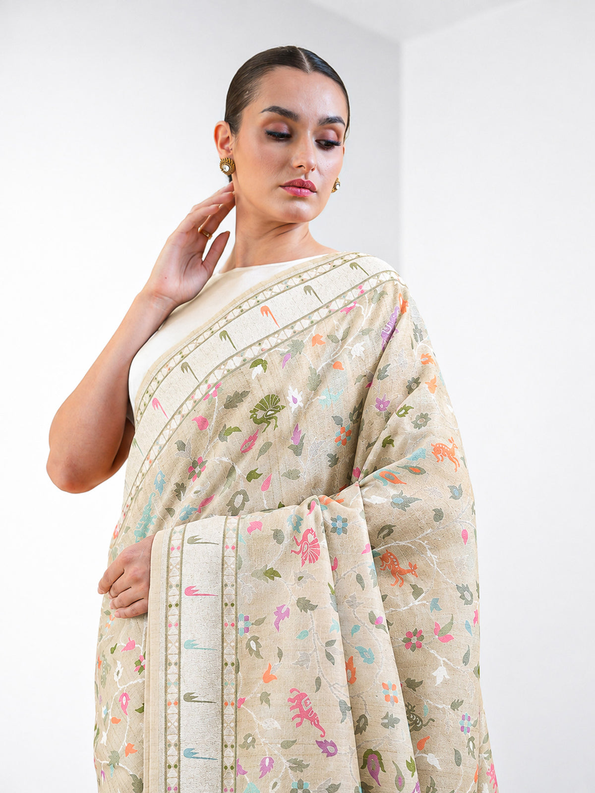 Off White Meenakari Jaal Moonga Tussar Silk Handloom Banarasi Saree - Sacred Weaves