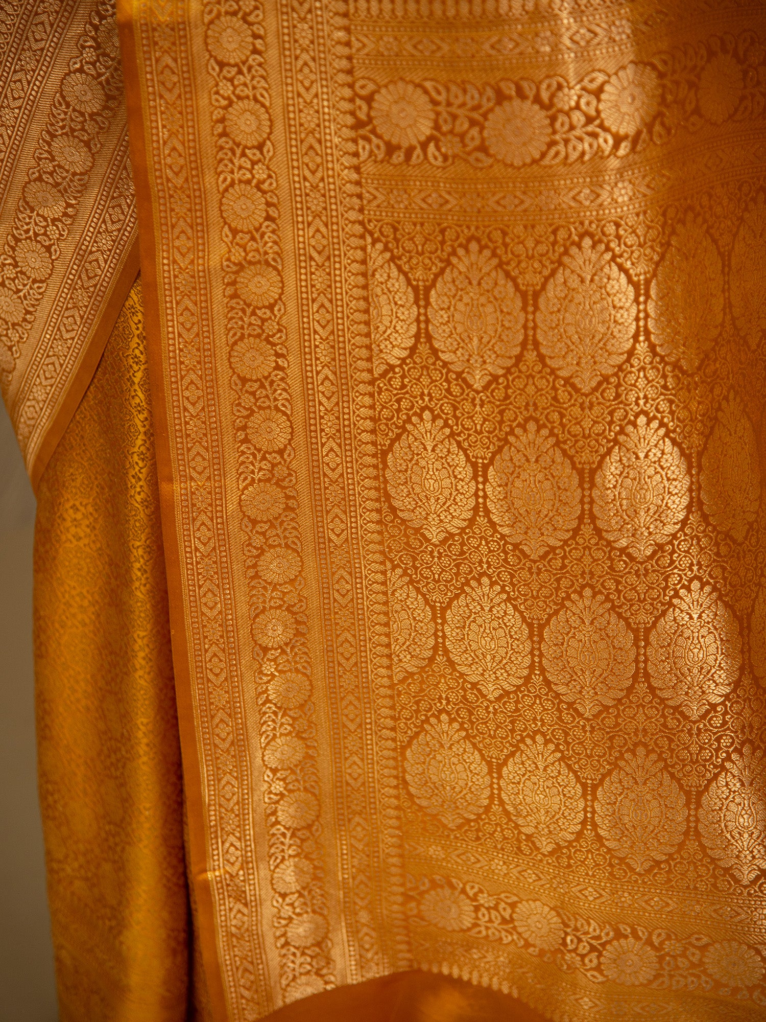 Mustard Satin Brocade Handloom Banarasi Saree - Sacred Weaves