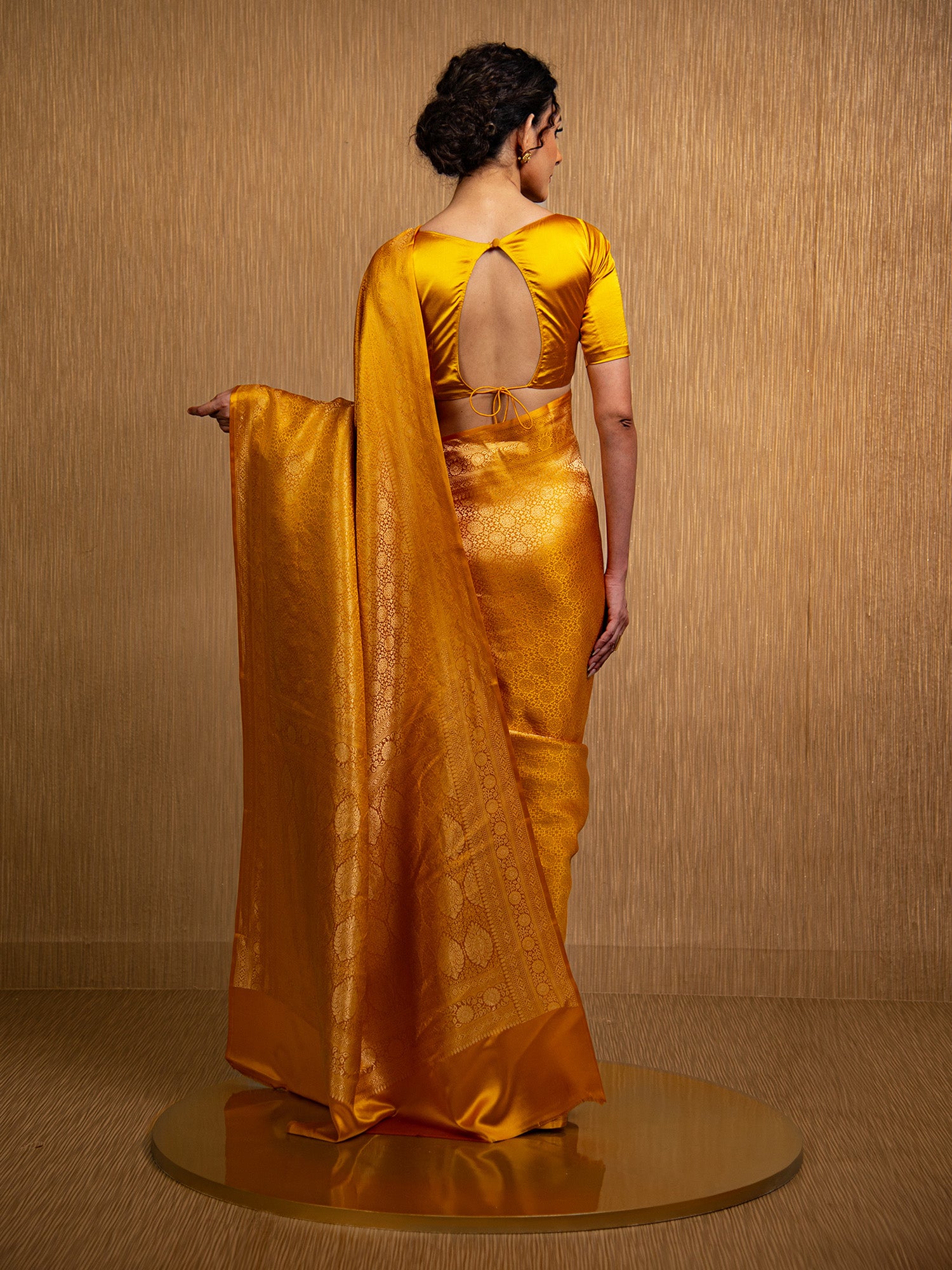 Mustard Satin Brocade Handloom Banarasi Saree - Sacred Weaves