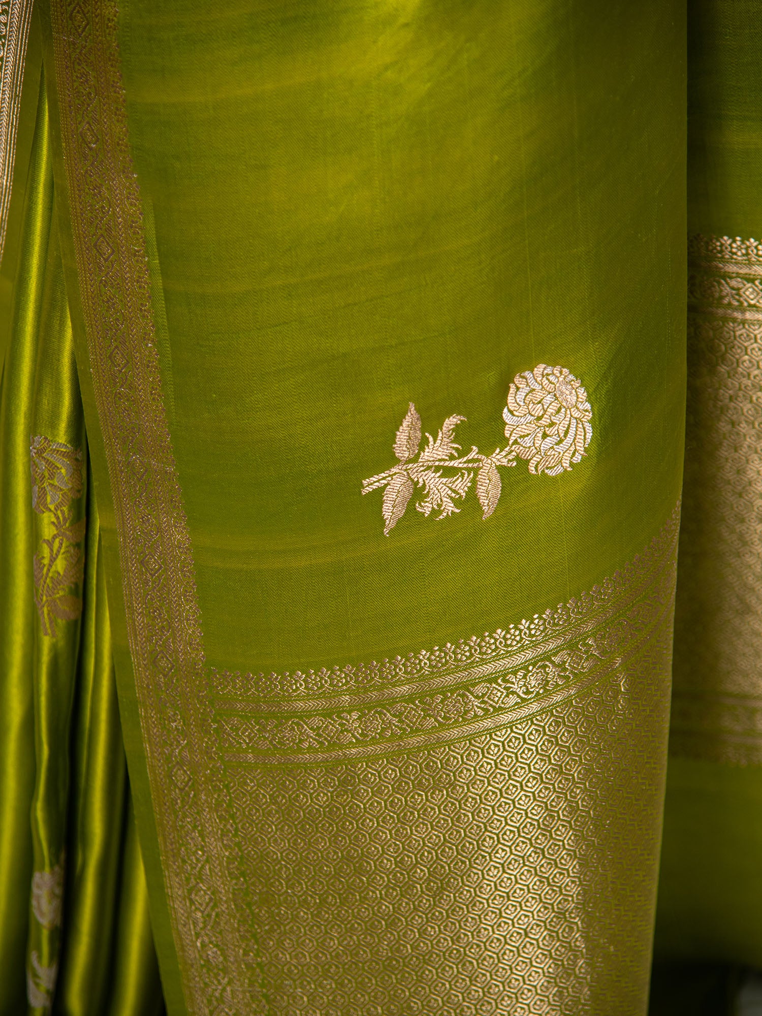 Parrot Green Boota Satin Silk Handloom Banarasi Saree - Sacred Weaves