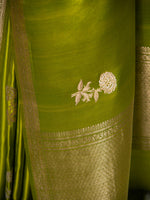 Parrot Green Boota Satin Silk Handloom Banarasi Saree - Sacred Weaves