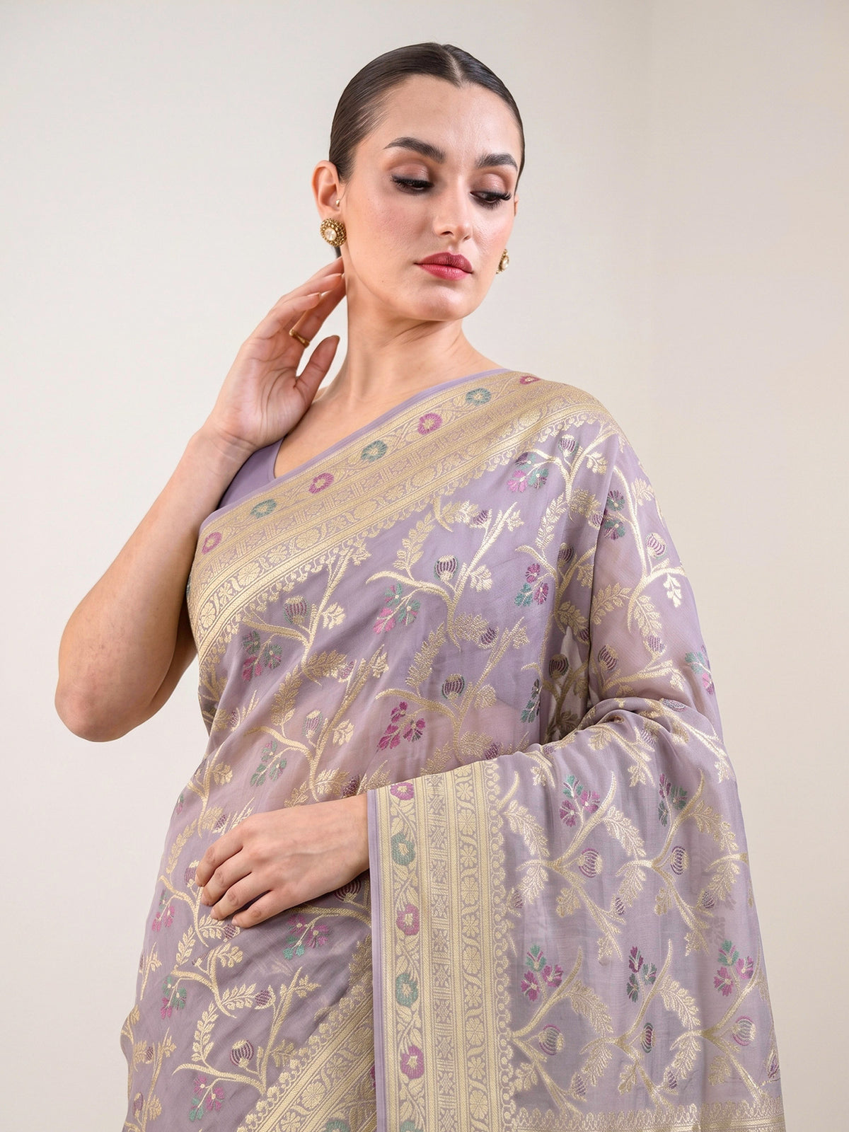 Pastel Lavender Meenakari Jaal Khaddi Georgette Handloom Banarasi Saree - Sacred Weaves