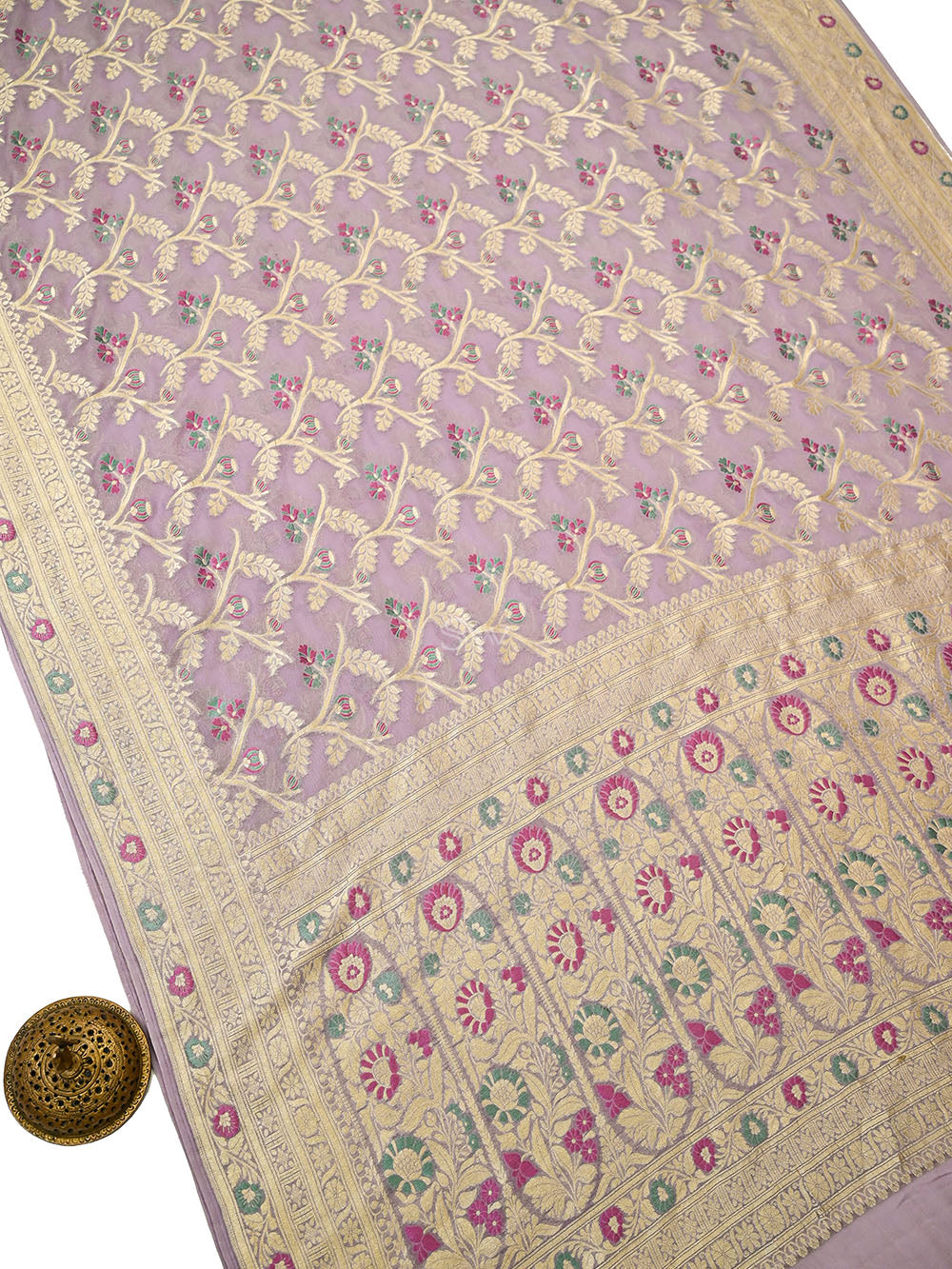 Pastel Lavender Meenakari Jaal Khaddi Georgette Handloom Banarasi Saree - Sacred Weaves