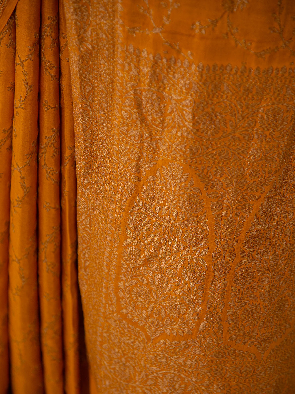 Dark Mustard Jaal Crepe Silk Handloom Banarasi Saree - Sacred Weaves