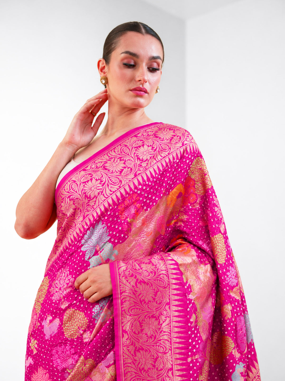 Dark Pink Meenakari Bandhani Silk Handloom Banarasi Saree - Sacred Weaves