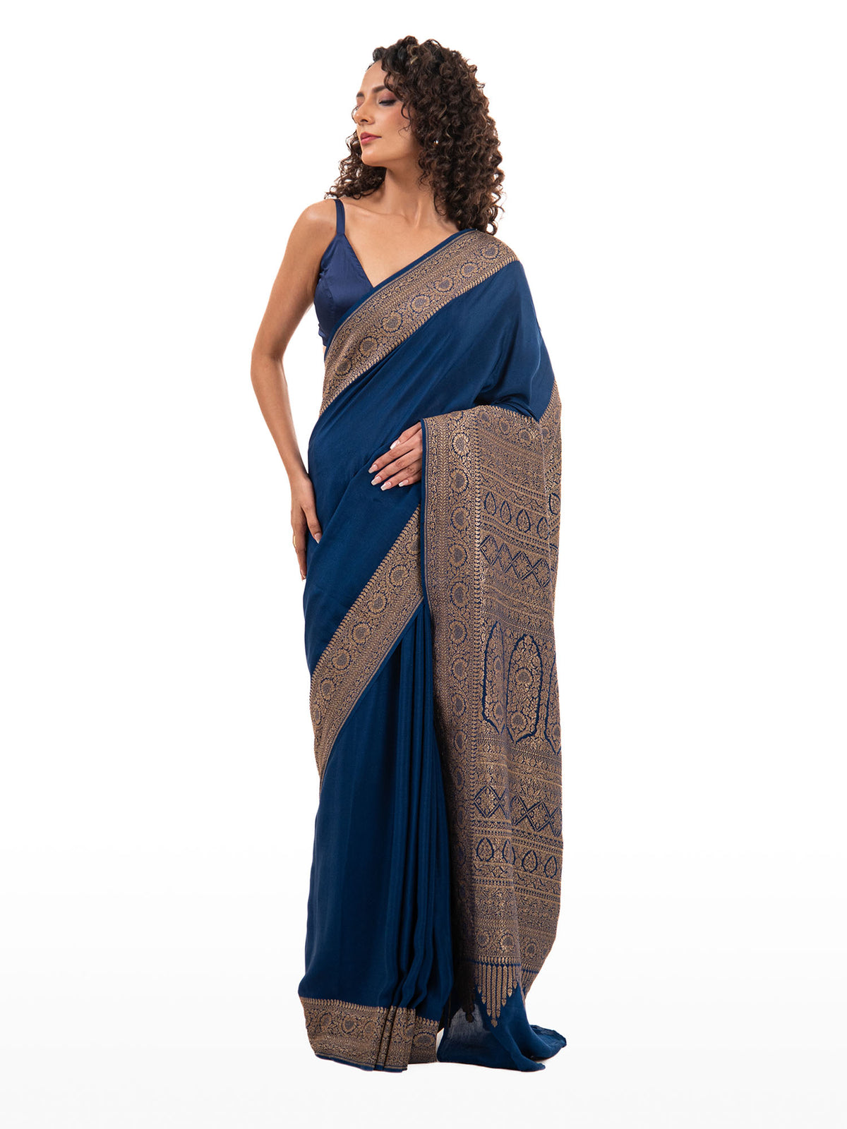 Midnight Blue Plain Crepe Silk Handloom Banarasi Saree - Sacred Weaves
