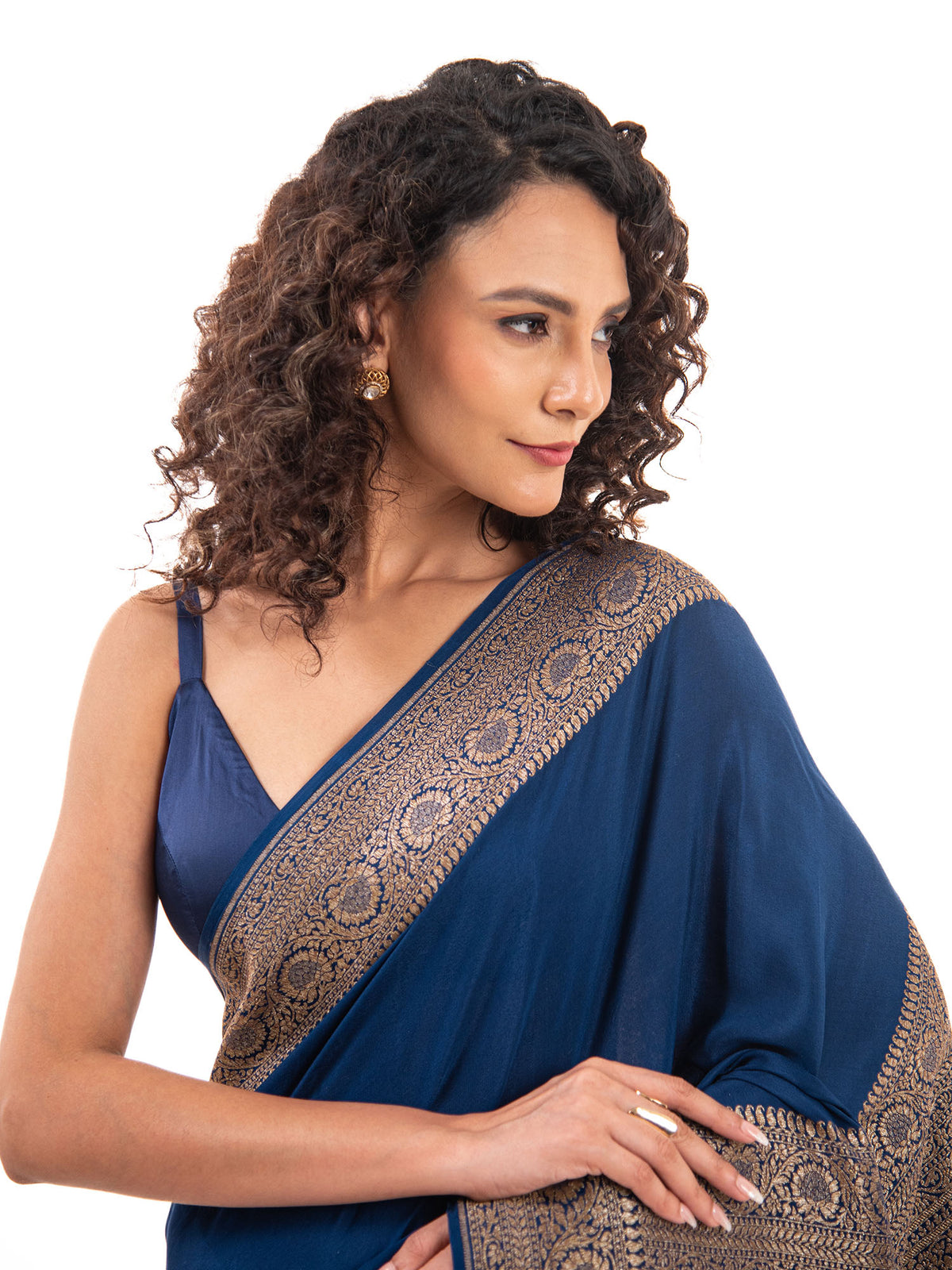 Midnight Blue Plain Crepe Silk Handloom Banarasi Saree - Sacred Weaves