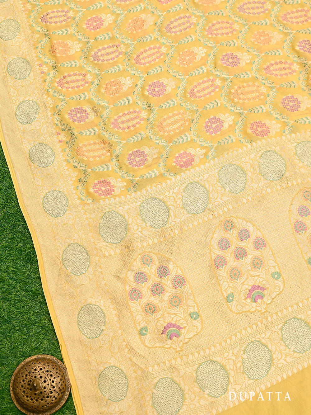 Yellow Meenakari Khaddi Georgette Handloom Banarasi Suit - Sacred Weaves