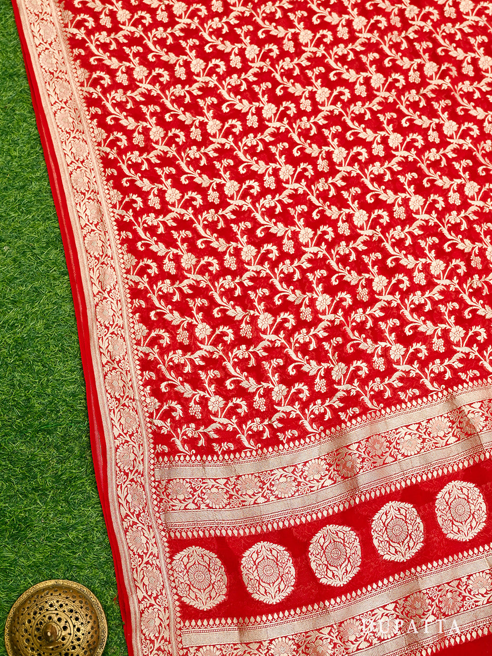 Red Booti Khaddi Georgette Handloom Banarasi Suit - Sacred Weaves