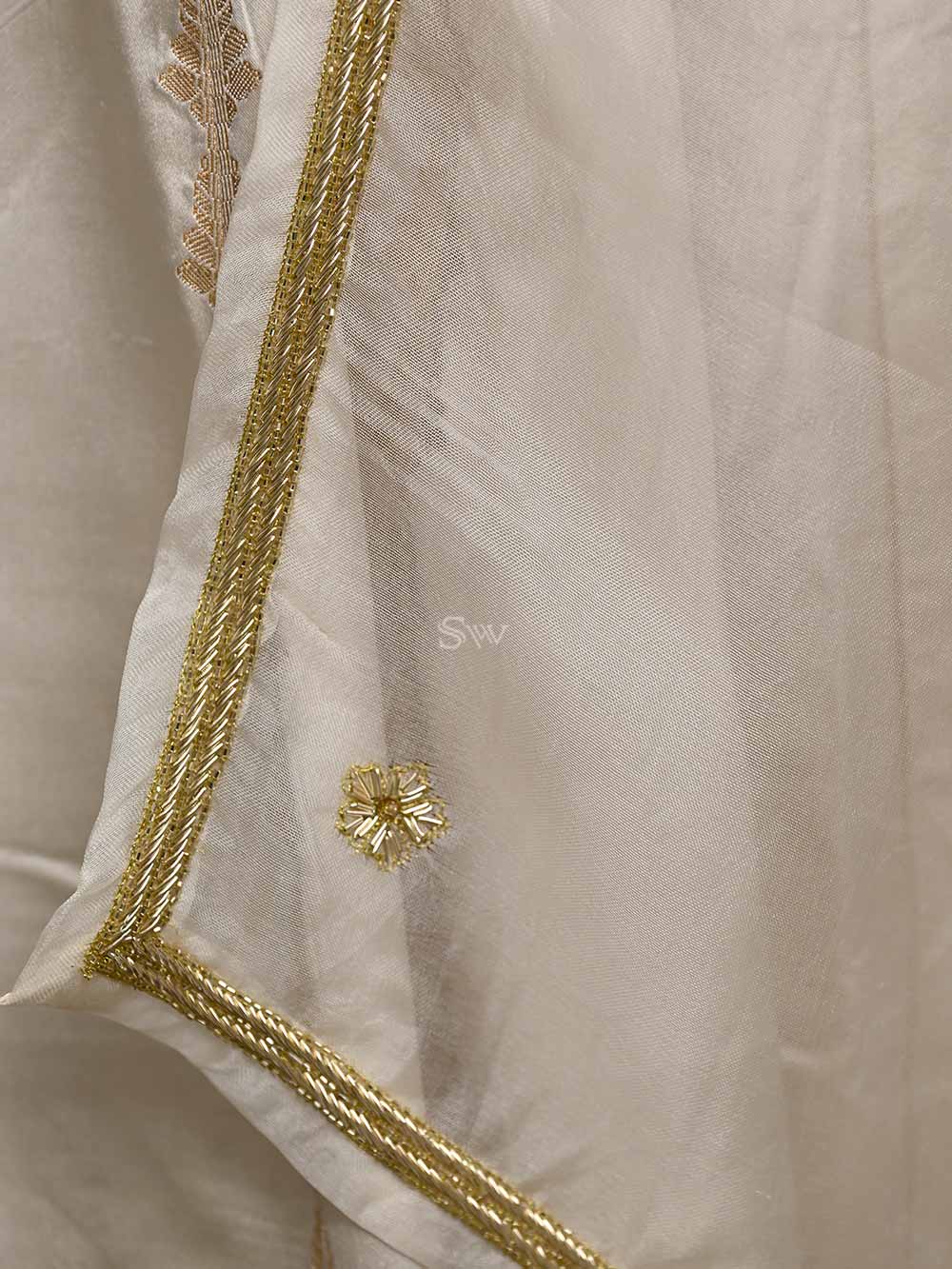 Off White Embroidery Satin Silk Handloom Banarasi Lehenga - Sacred Weaves