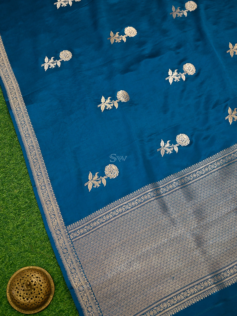 Midnight Blue Boota Satin Silk Handloom Banarasi Saree - Sacred Weaves