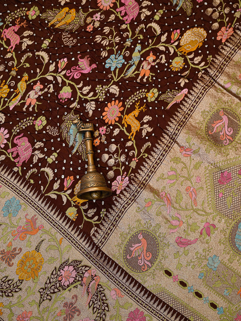 Dark Brown Meenakari Bandhani Silk Handloom Banarasi Saree - Sacred Weaves