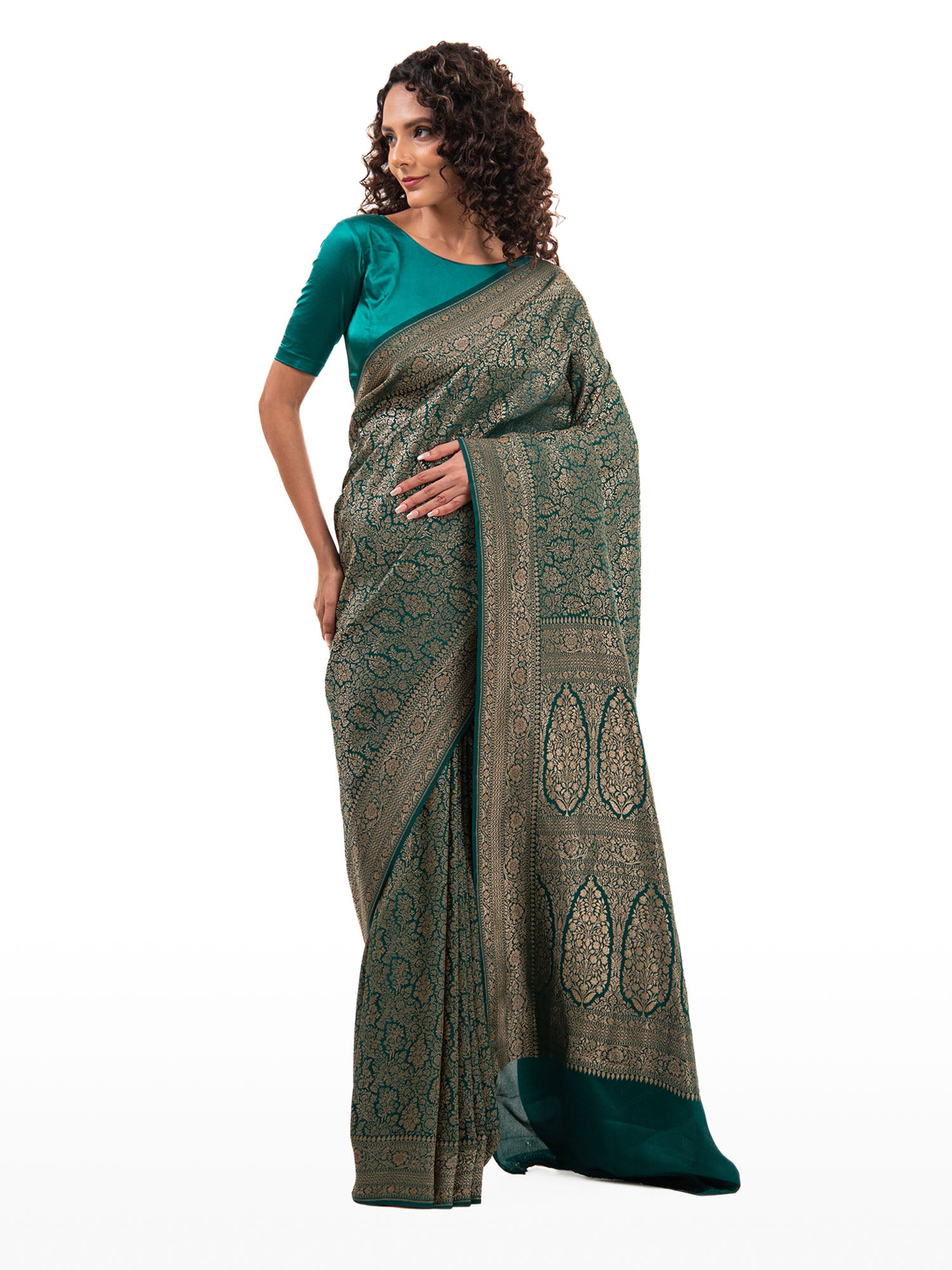 Bottle Green Jaal Crepe Silk Handloom Banarasi Saree - Sacred Weaves