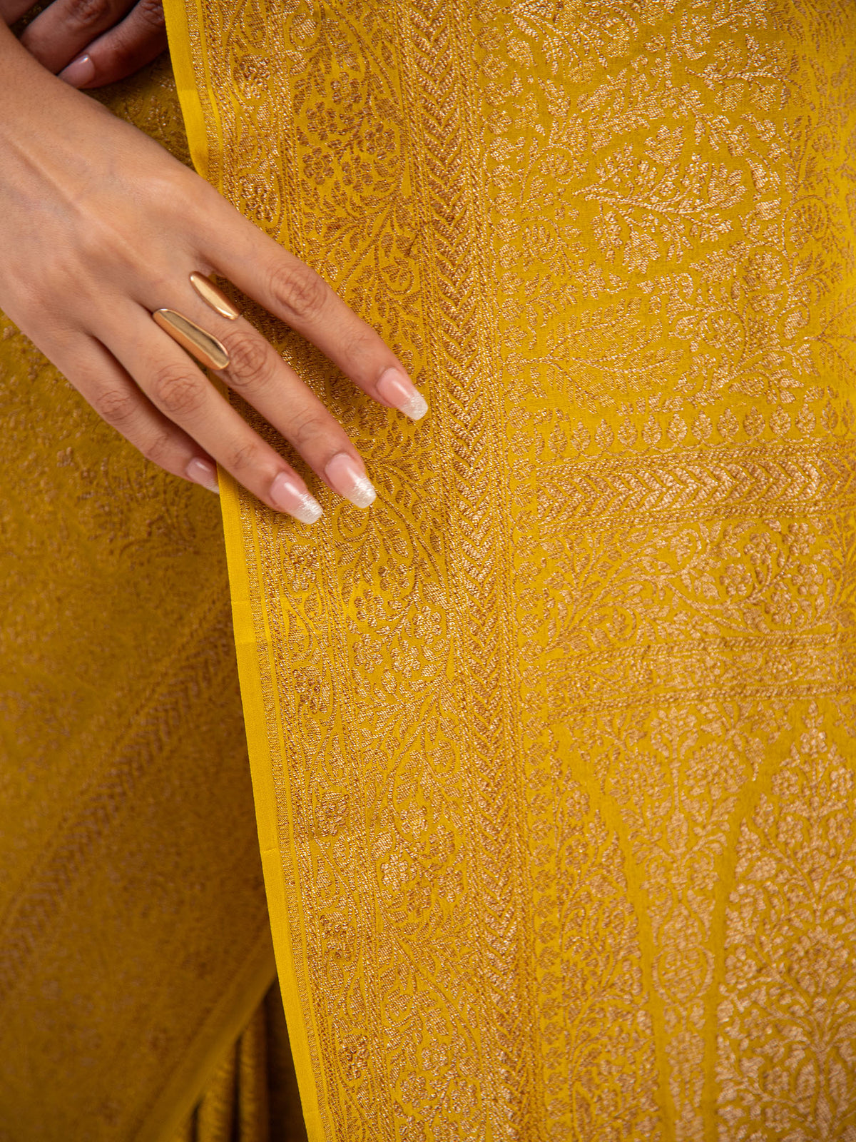 Lime Yellow Jaal Crepe Silk Handloom Banarasi Saree - Sacred Weaves