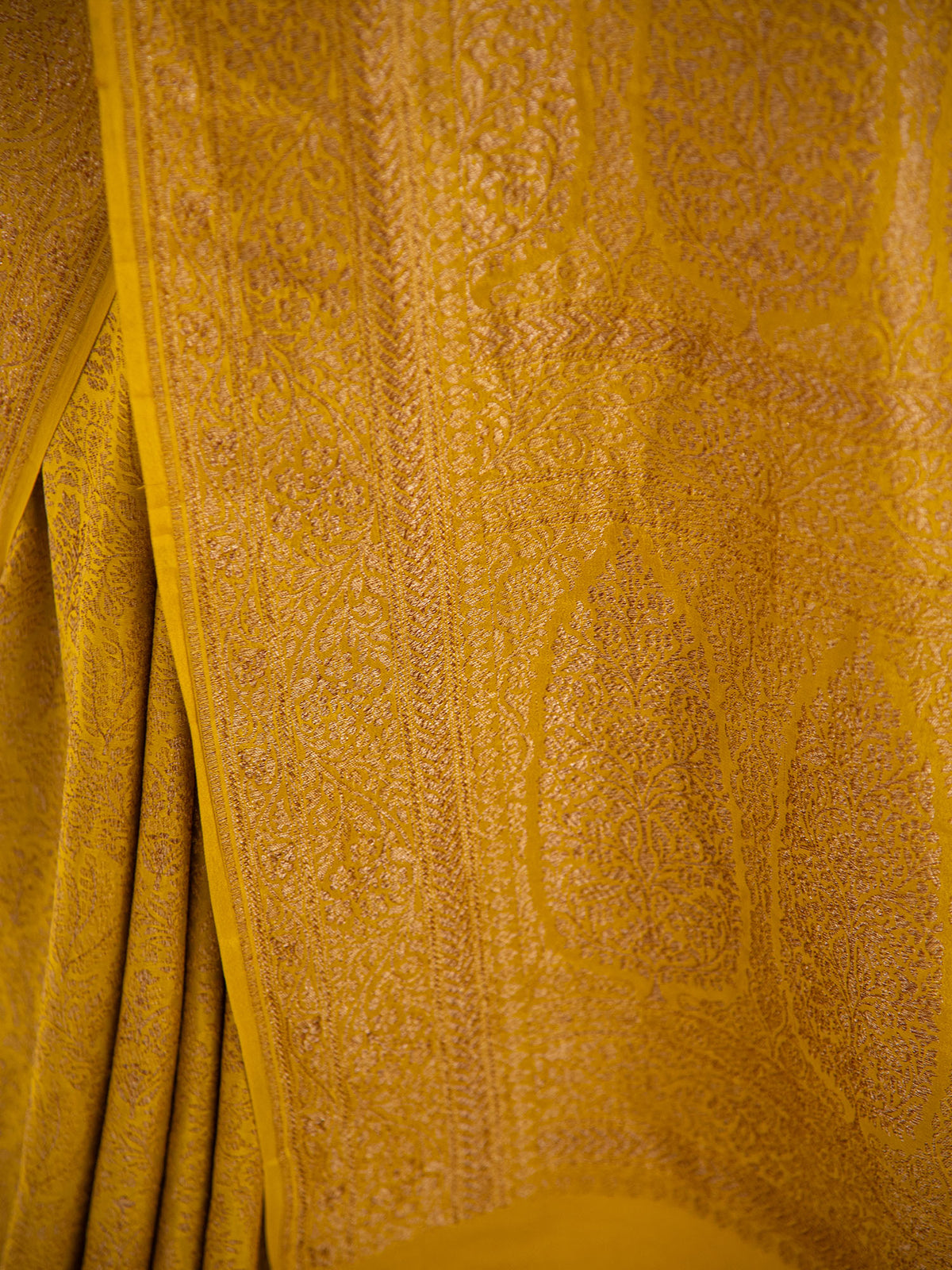 Lime Yellow Jaal Crepe Silk Handloom Banarasi Saree - Sacred Weaves