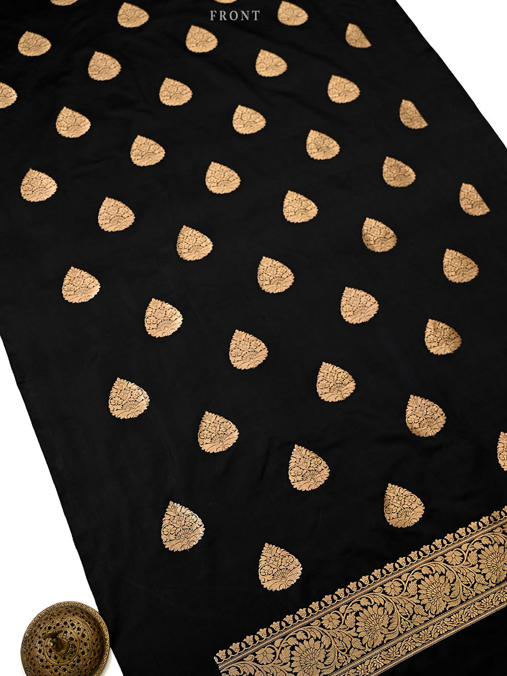 Black Floral Booti Satin Silk Handloom Banarasi Suit - Sacred Weaves