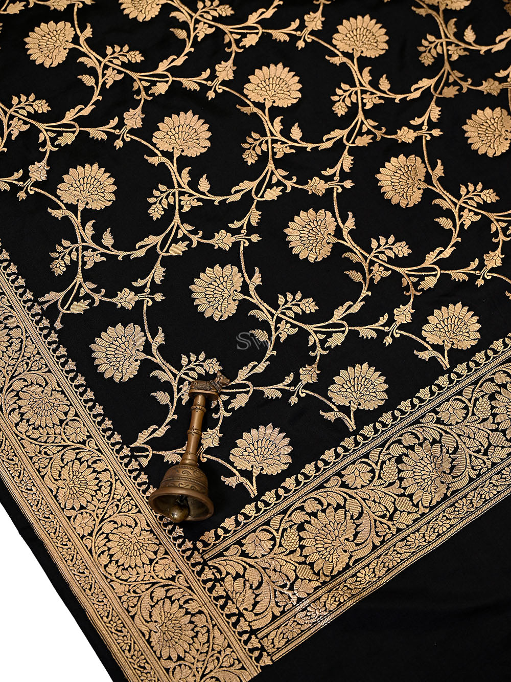Black Floral Booti Satin Silk Handloom Banarasi Suit - Sacred Weaves