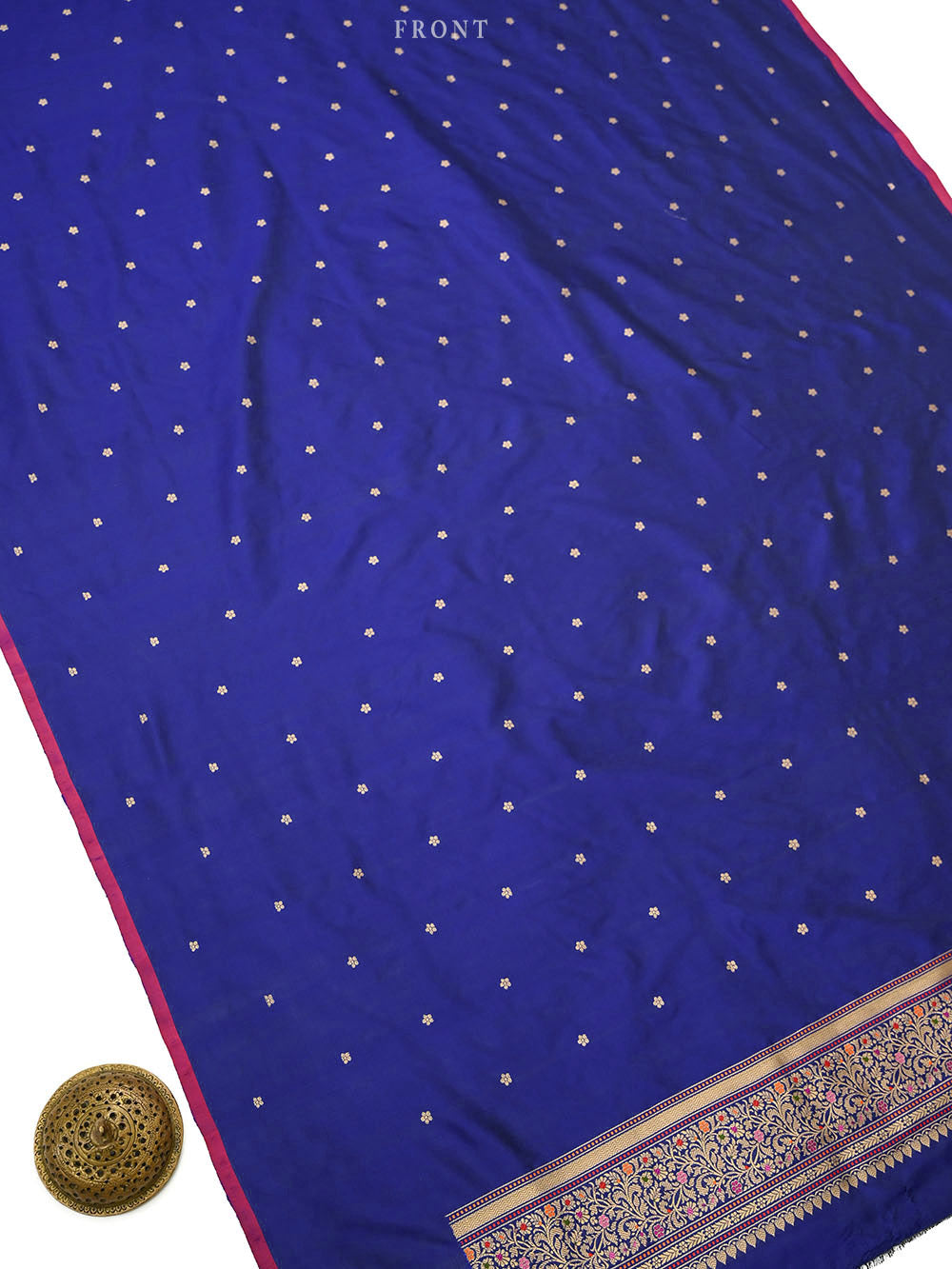 Navy Blue Booti Katan Silk Handloom Banarasi Suit - Sacred Weaves