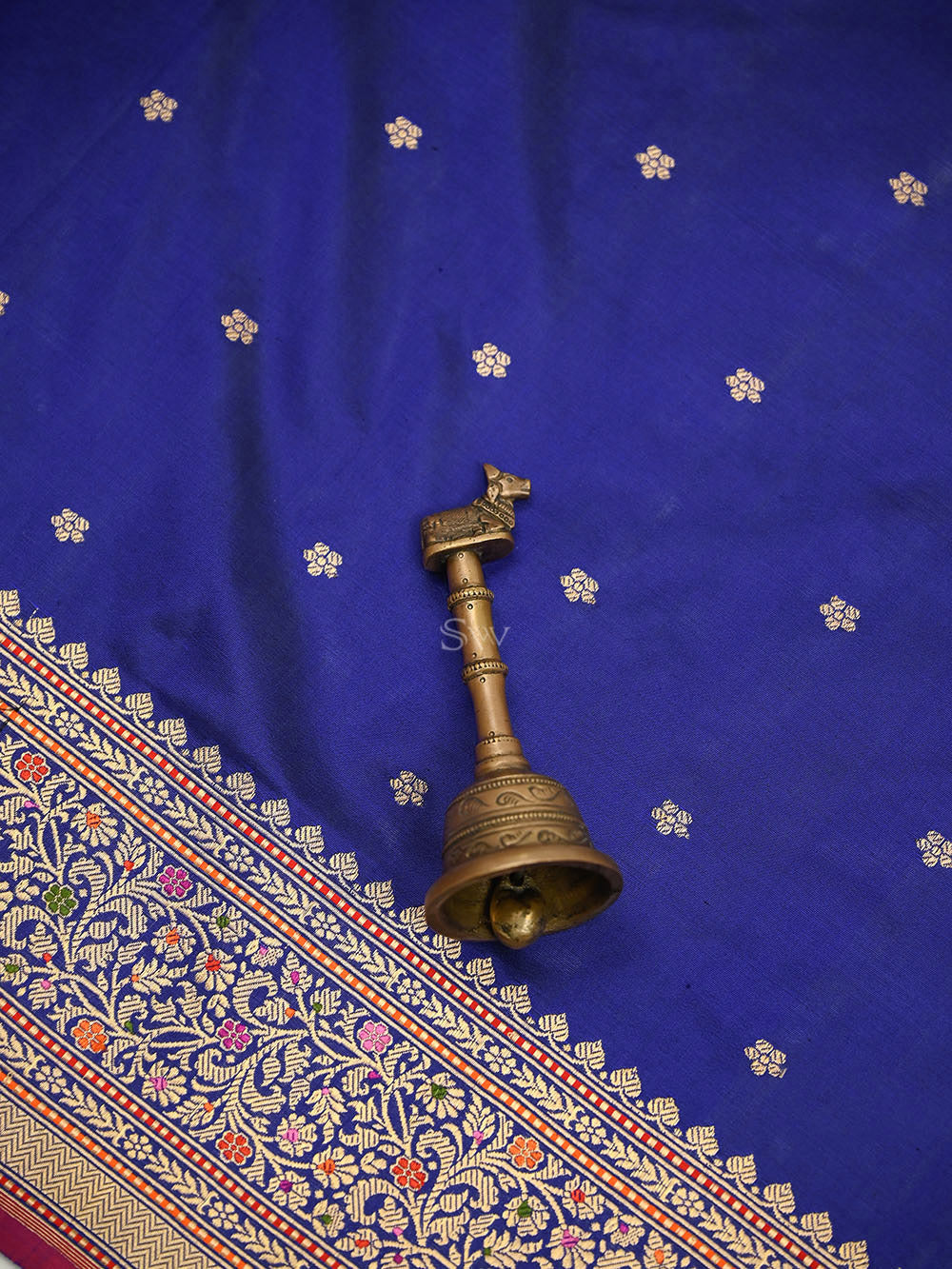 Navy Blue Booti Katan Silk Handloom Banarasi Suit - Sacred Weaves