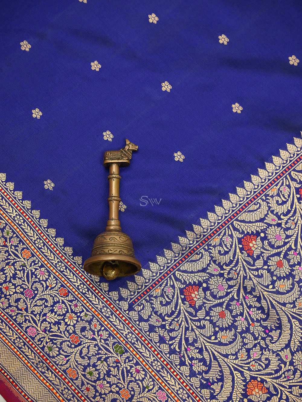Navy Blue Booti Katan Silk Handloom Banarasi Suit - Sacred Weaves