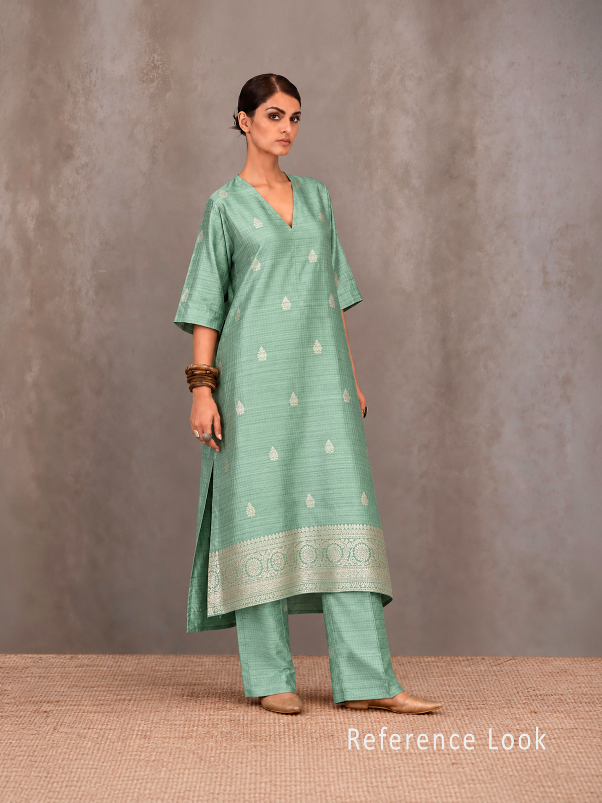 Seafoam Green Booti Dupion Silk Handloom Banarasi Suit - Sacred Weaves
