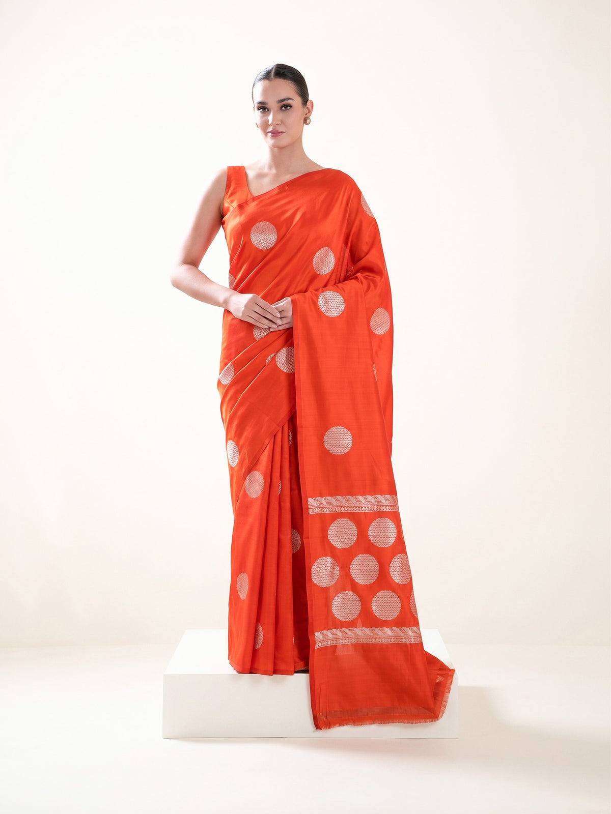 Orange Boota Katan Silk Handloom Banarasi Saree - Sacred Weaves
