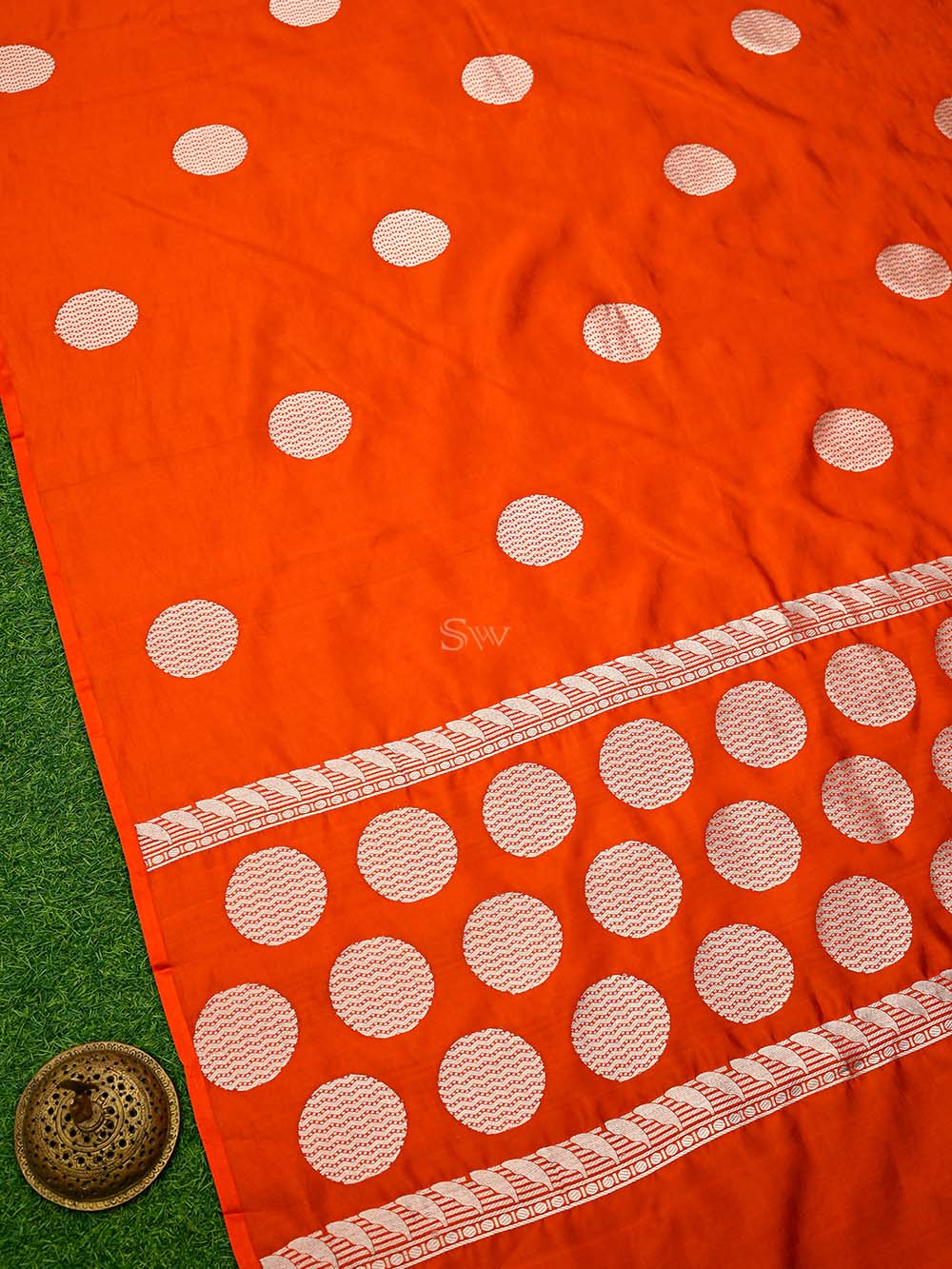 Orange Boota Katan Silk Handloom Banarasi Saree - Sacred Weaves