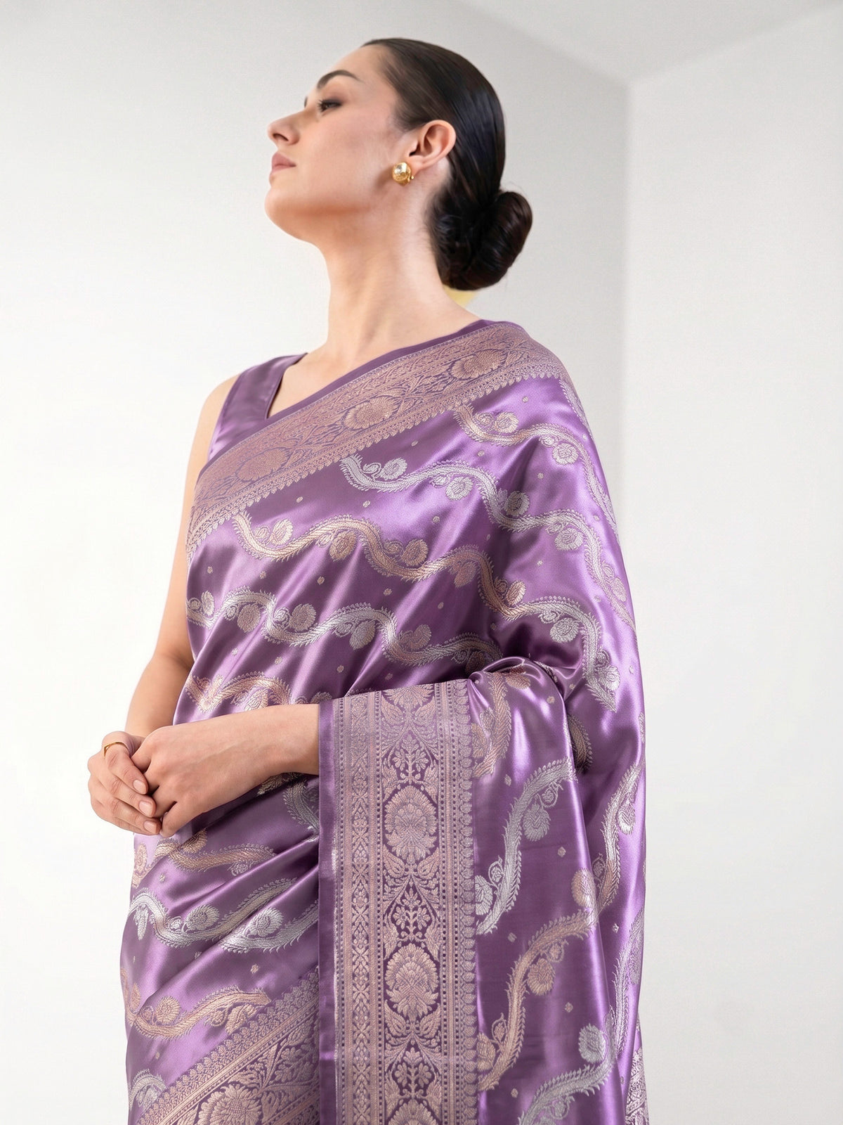 Pastel Purple Satin Sona Roopa Jaal Handloom Banarasi Saree - Sacred Weaves