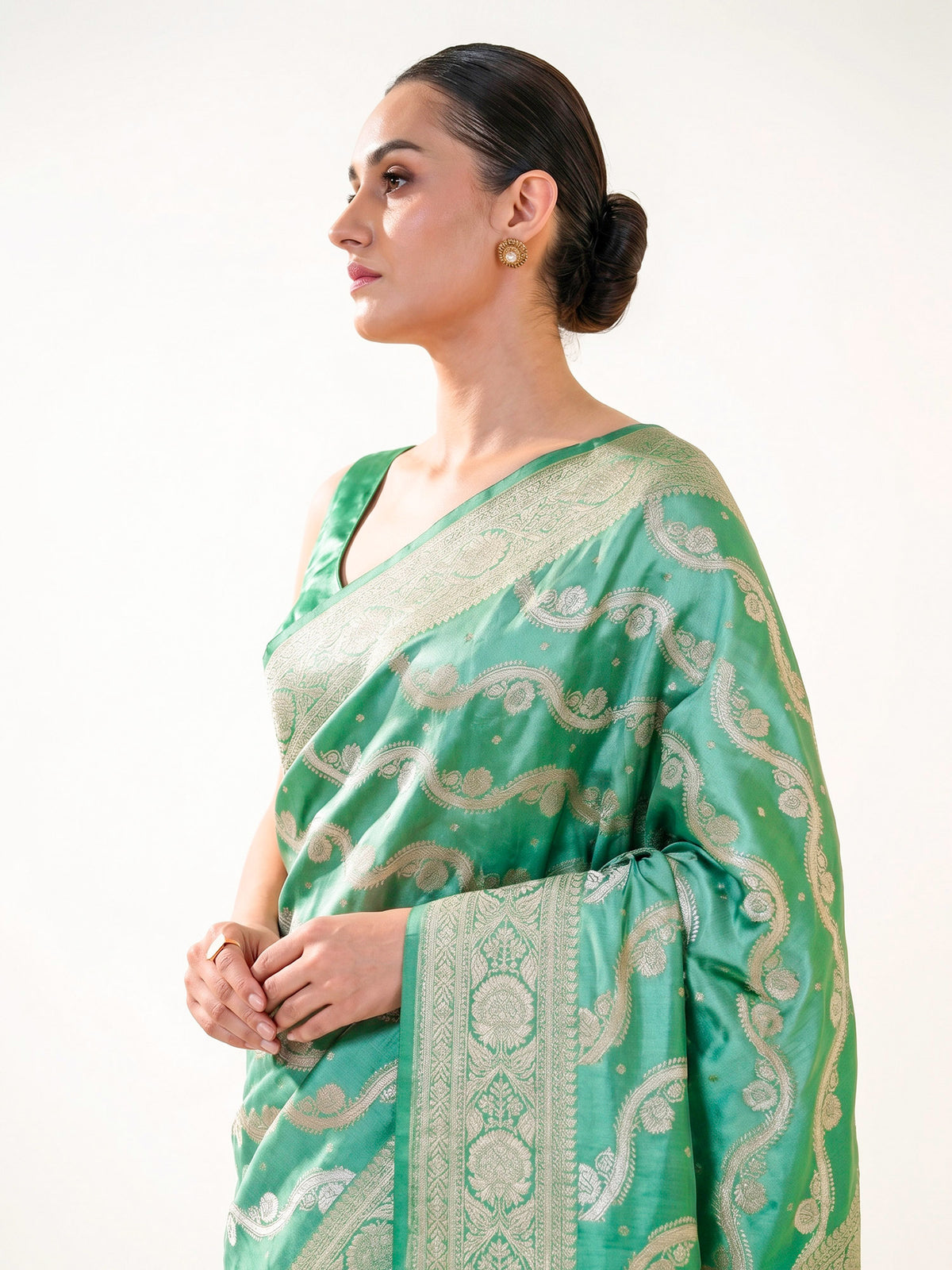 Mint Green Satin Sona Roopa Jaal Handloom Banarasi Saree - Sacred Weaves