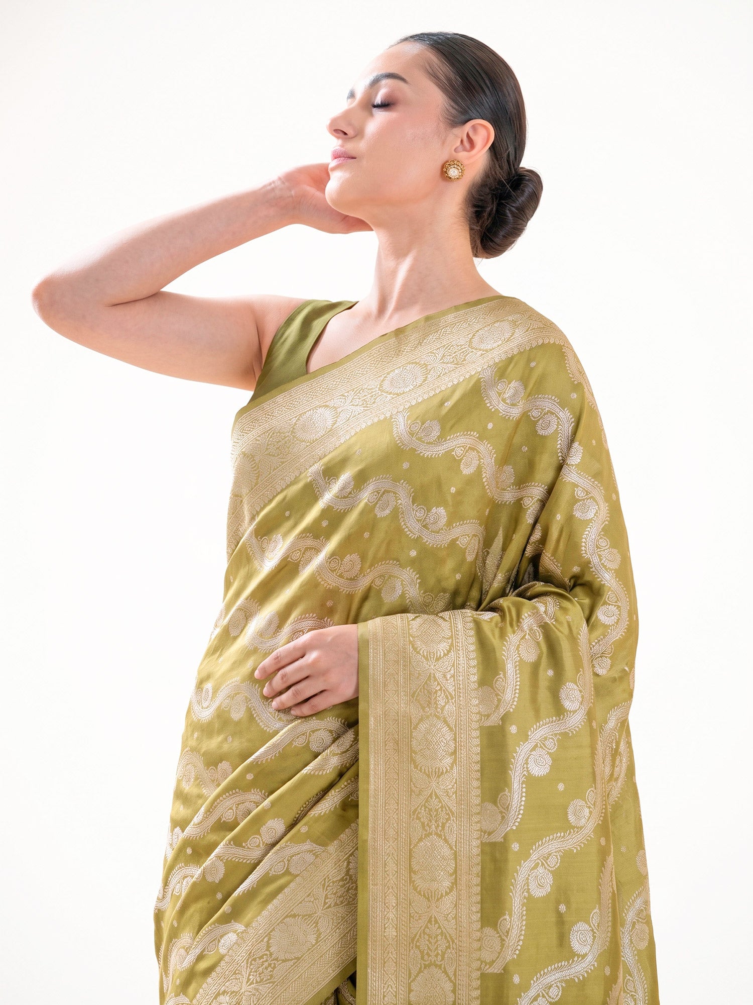 Moss Green Satin Sona Roopa Jaal Handloom Banarasi Saree