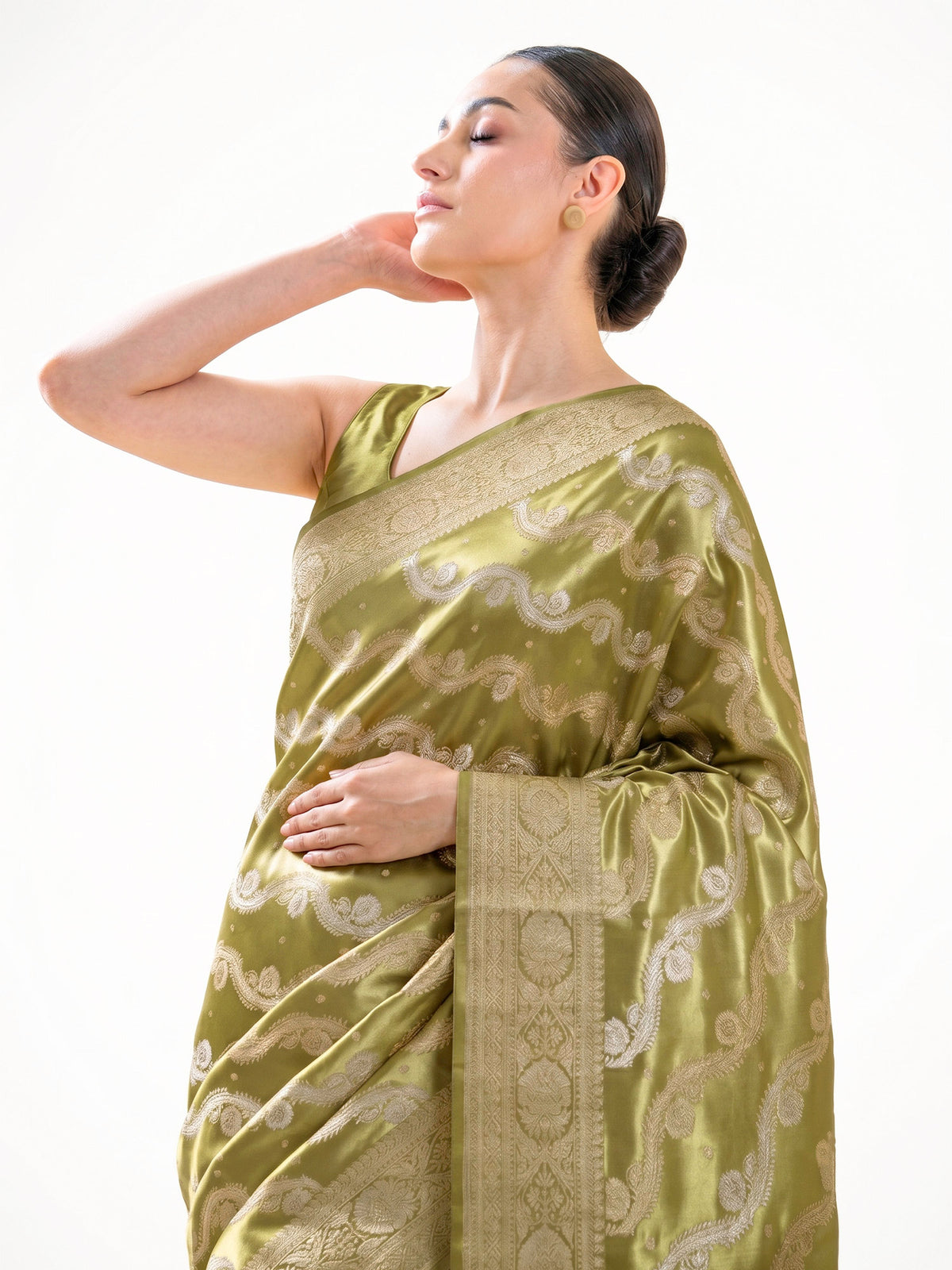 Moss Green Satin Sona Roopa Jaal Handloom Banarasi Saree - Sacred Weaves