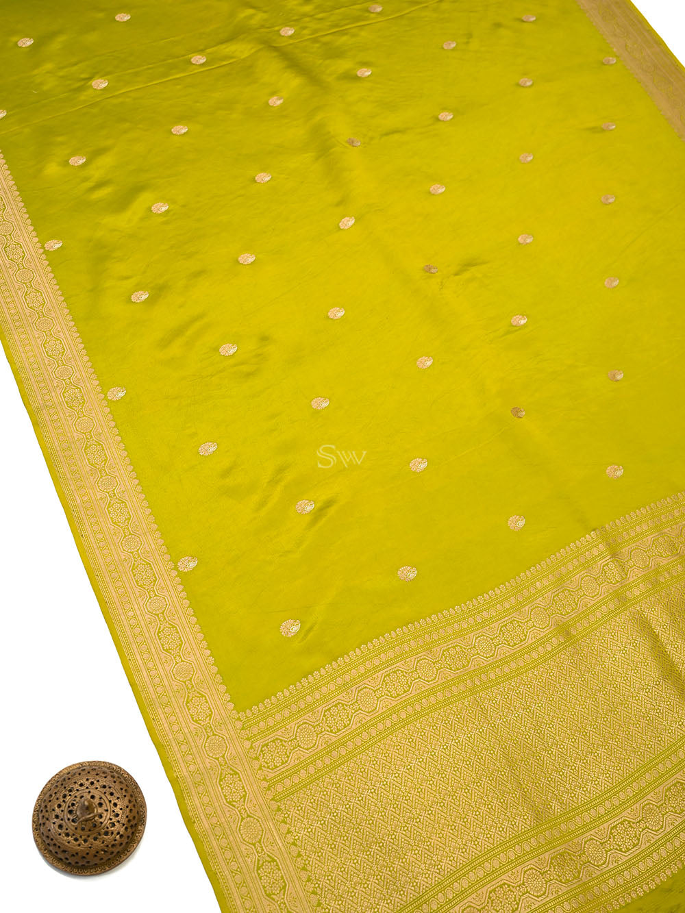 Lime Yellow Sona Roopa Booti Satin Silk Handloom Banarasi Saree - Sacred Weaves