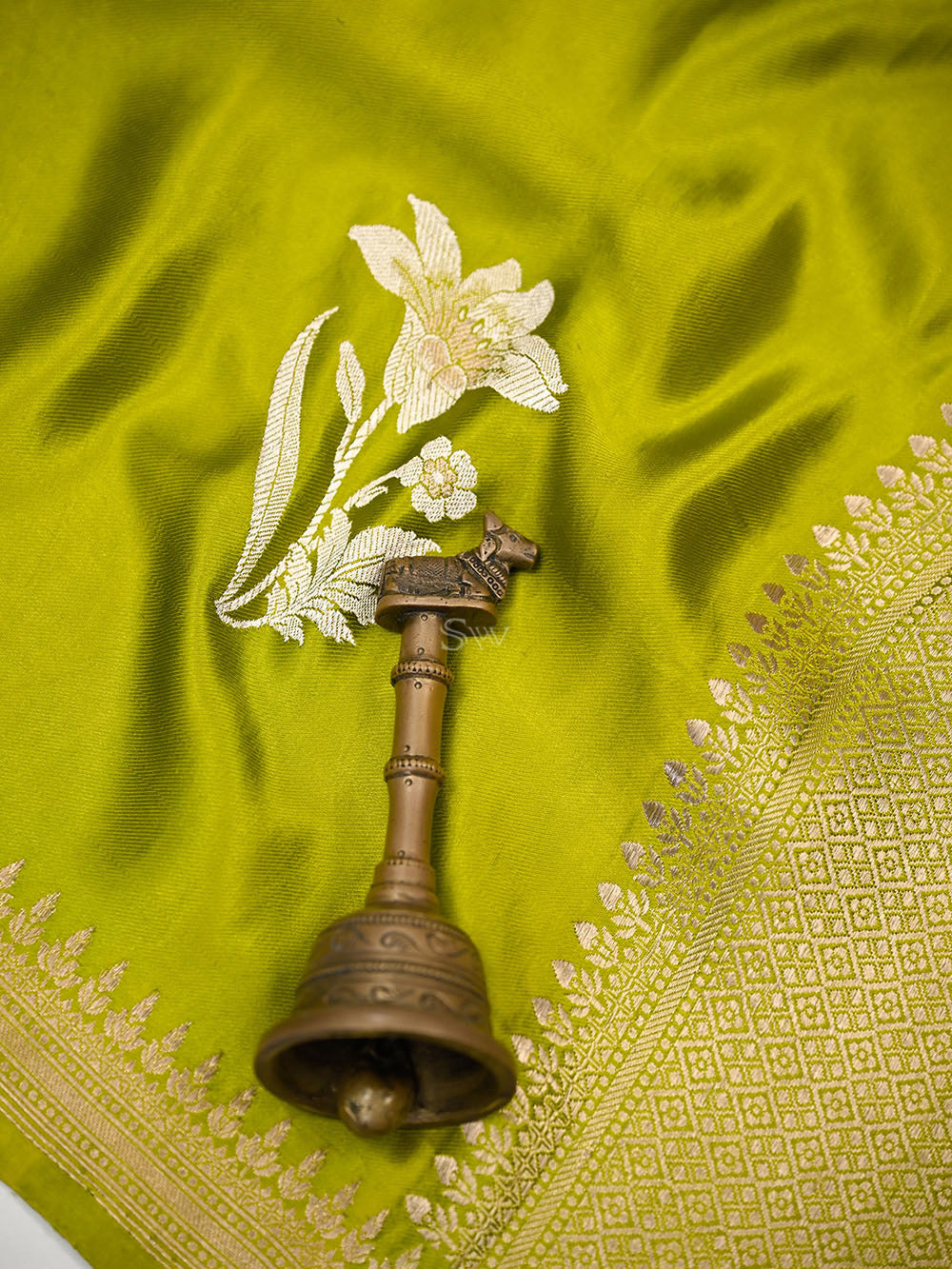 Lime Green Zari Sona Roopa Boota Satin Silk Handloom Banarasi Saree - Sacred Weaves