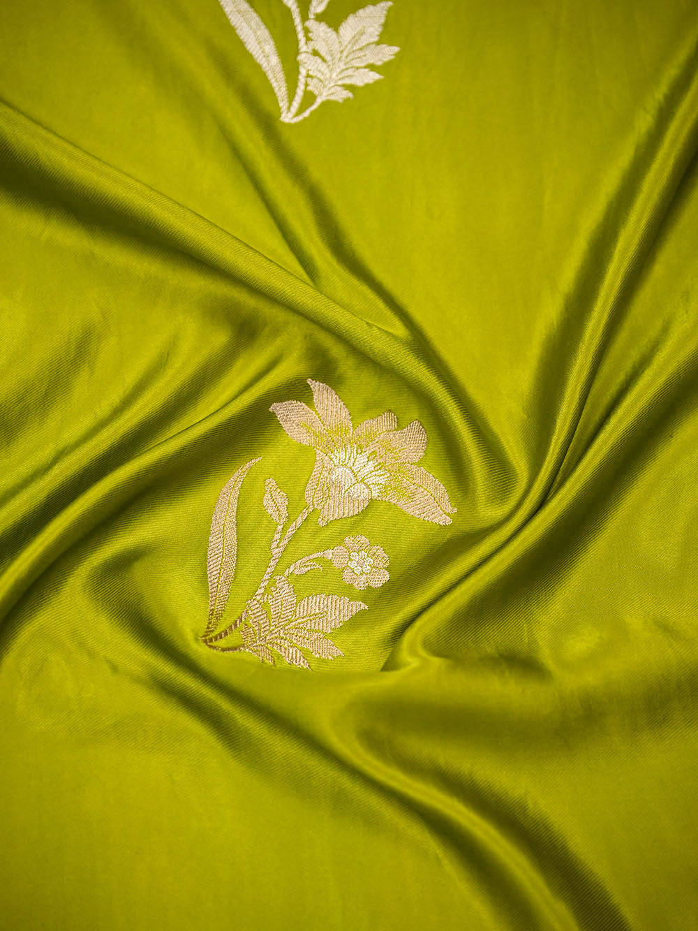 Lime Green Zari Sona Roopa Boota Satin Silk Handloom Banarasi Saree - Sacred Weaves