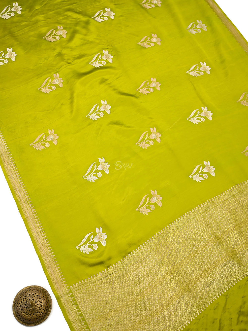 Lime Green Zari Sona Roopa Boota Satin Silk Handloom Banarasi Saree - Sacred Weaves