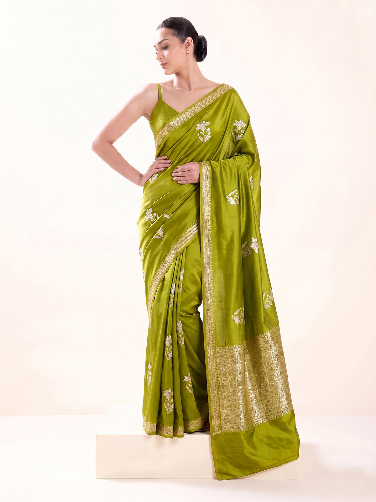 Lime Green Zari Sona Roopa Boota Satin Silk Handloom Banarasi Saree - Sacred Weaves