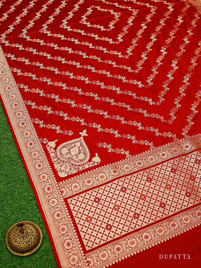 Red Satin Silk Handloom Banarasi Lehenga - Sacred Weaves