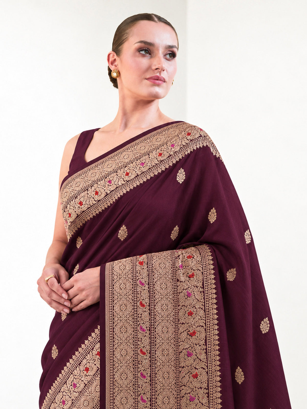 Wine Gold Zari Booti Satin Silk Handloom Banarasi Saree - Sacred Weaves