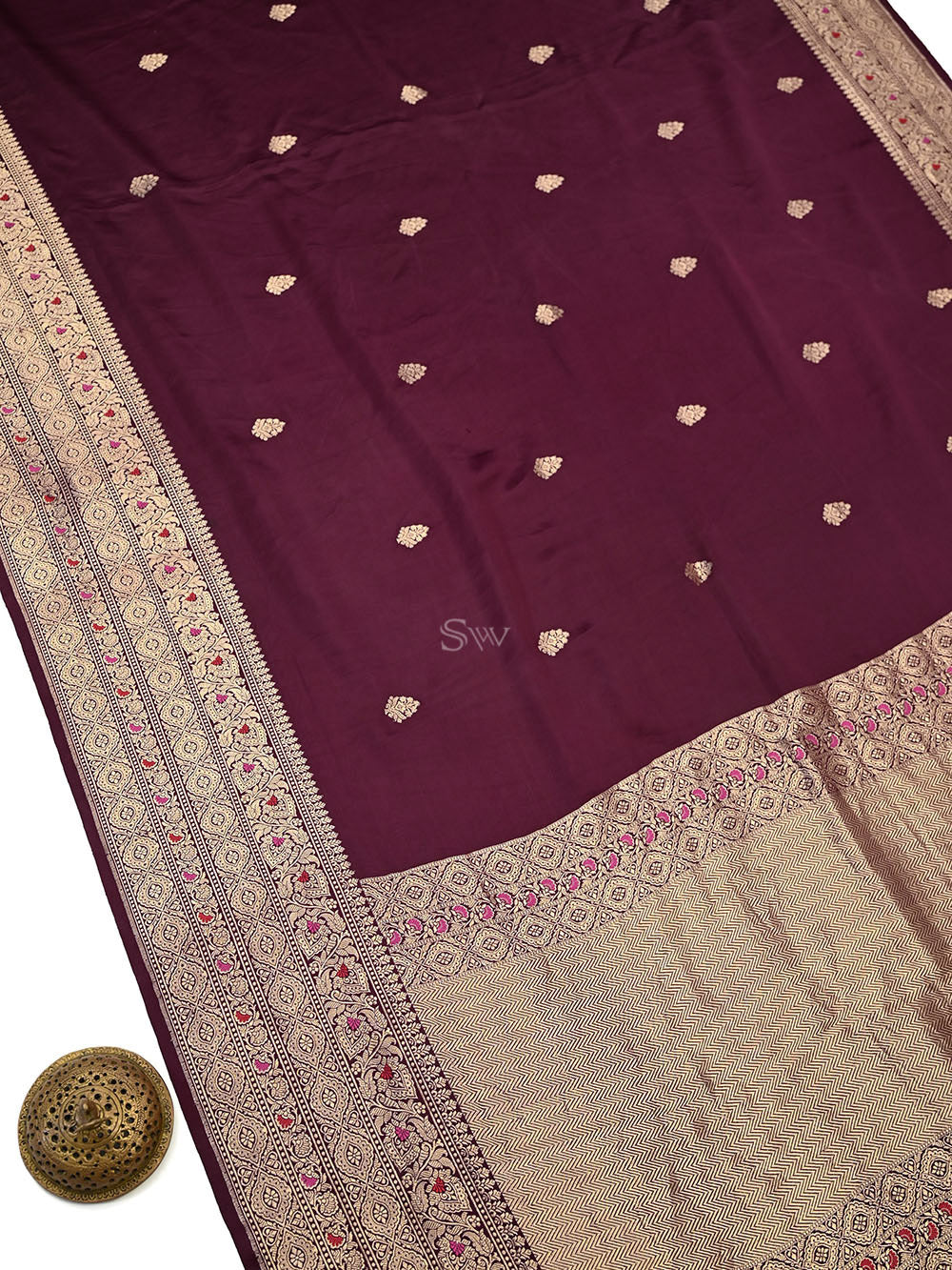 Wine Gold Zari Booti Satin Silk Handloom Banarasi Saree - Sacred Weaves