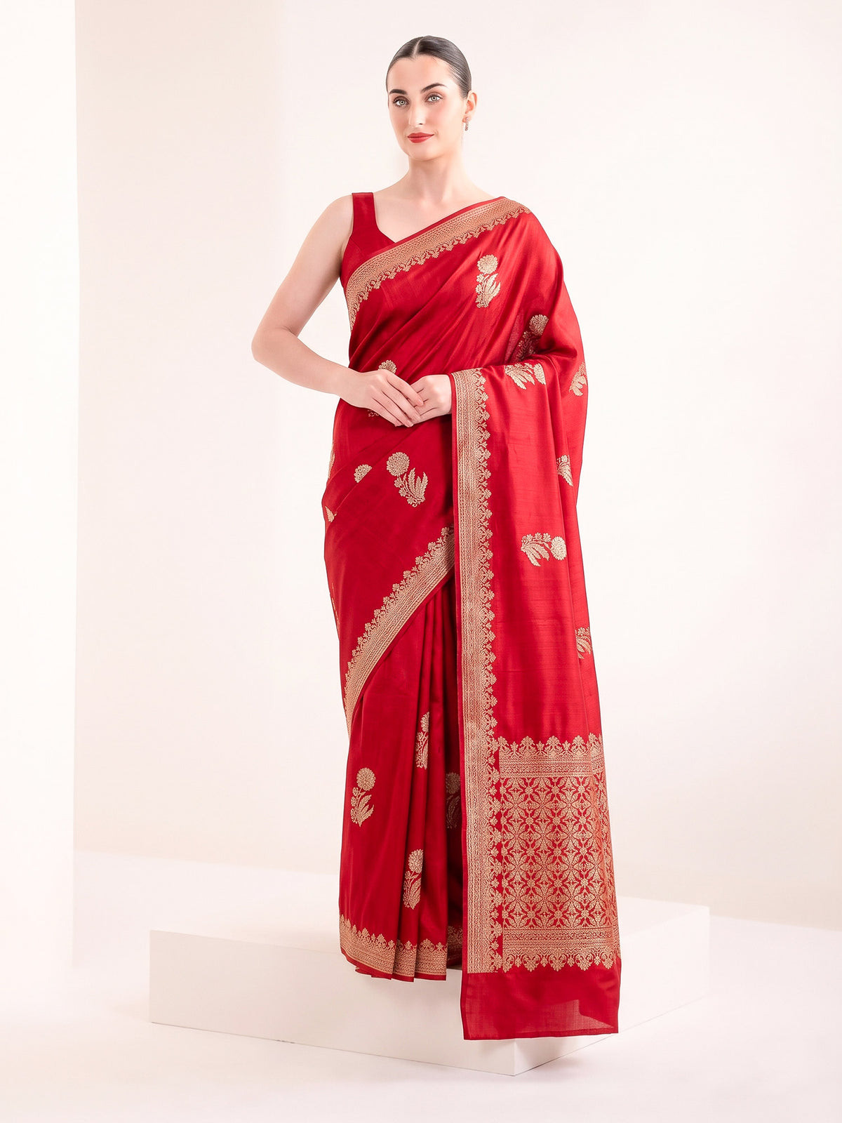 Red Sona Roopa Zari Boota Satin Silk Handloom Banarasi Saree - Sacred Weaves