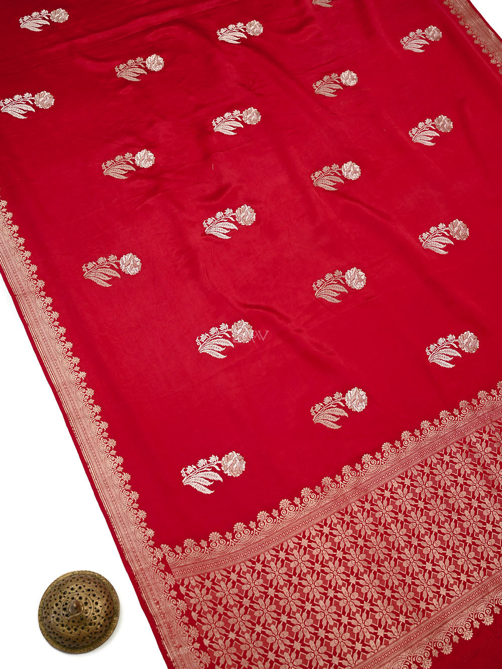 Red Sona Roopa Zari Boota Satin Silk Handloom Banarasi Saree - Sacred Weaves