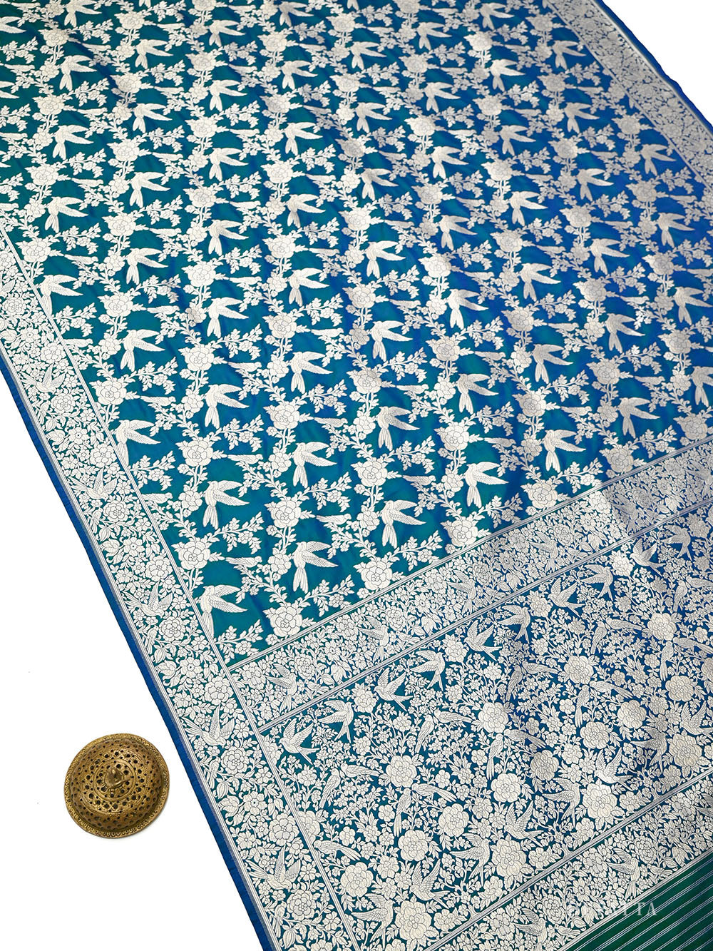 Blue Green Booti Katan Silk Handloom Banarasi Suit - Sacred Weaves