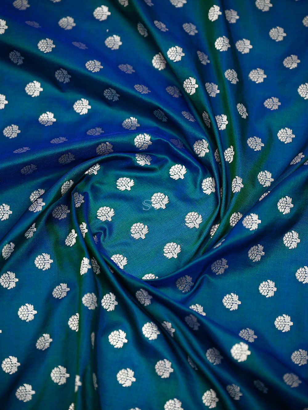 Blue Green Booti Katan Silk Handloom Banarasi Suit - Sacred Weaves
