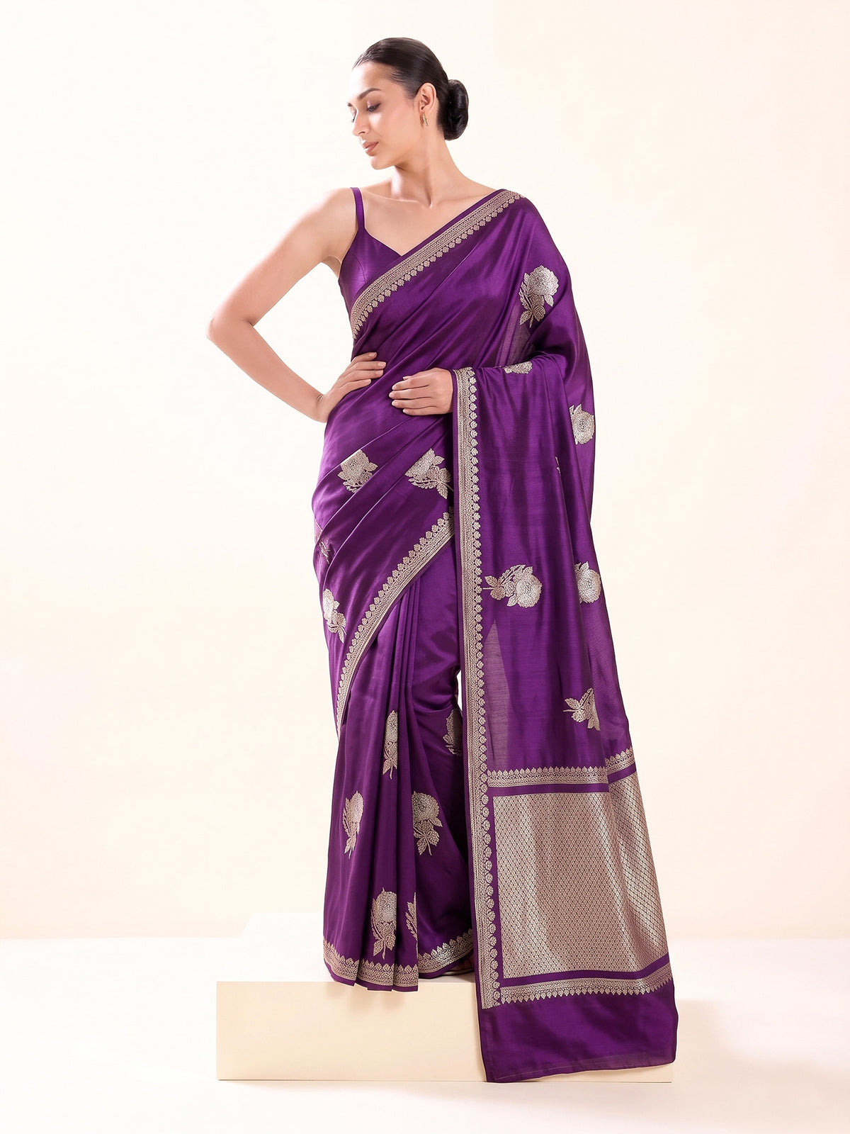 Purple Sona Roopa Zari Boota Satin Silk Handloom Banarasi Saree - Sacred Weaves